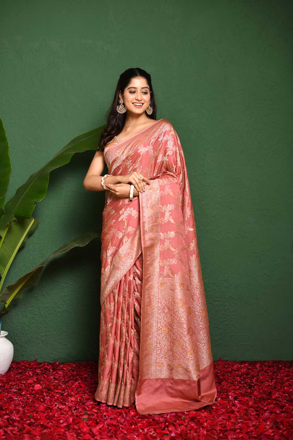 Rosegold Pink Mushru Satin Banarasi Handloom Saree With Meenkari Jaal And Border Rosegold Pink Mushru Satin Banarasi Handloom Saree With Meenkari Jaal And Border