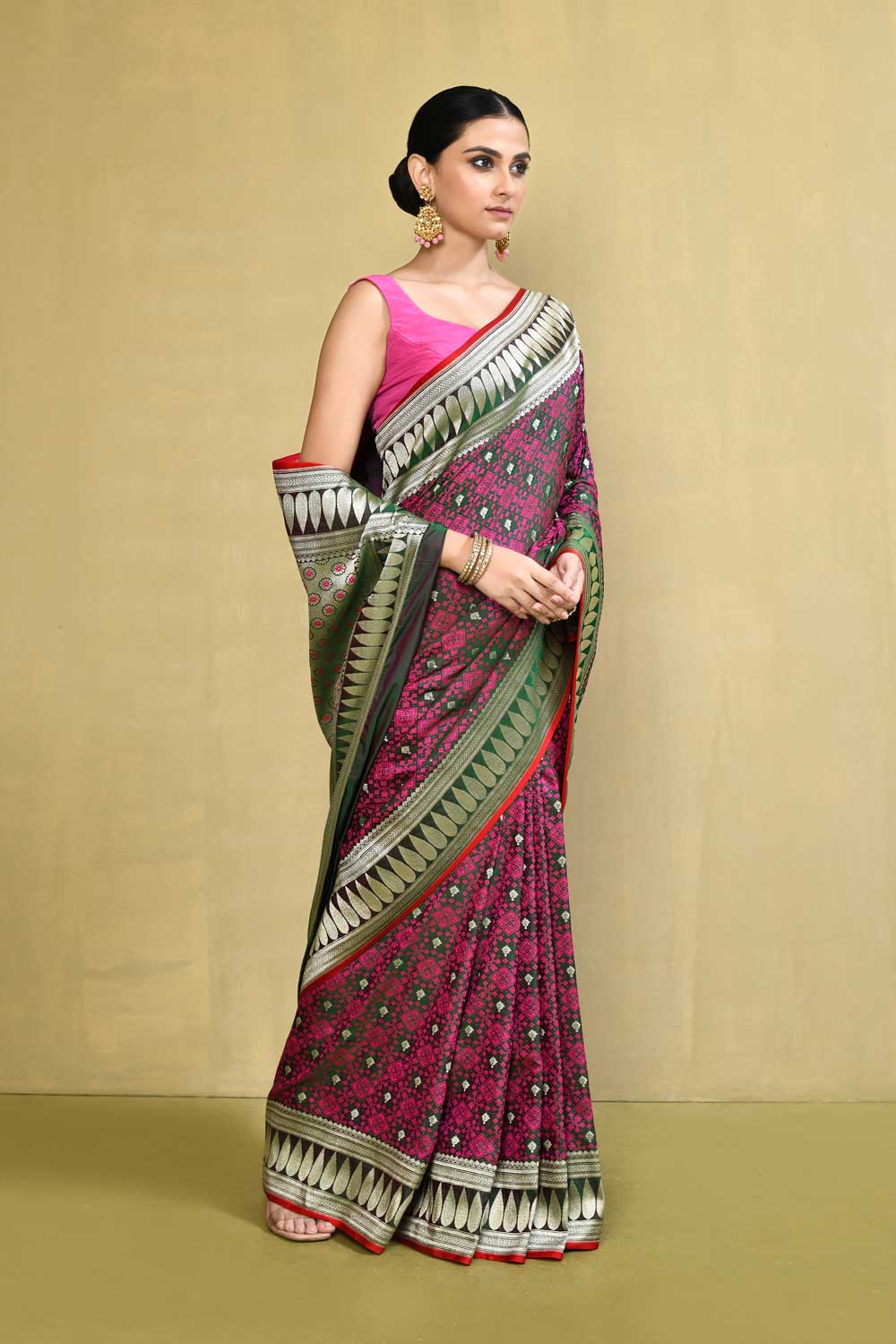 Green And Pink Banarasi Saree With Handowoven Border Green And Pink Banarasi Saree With Handowoven Border
