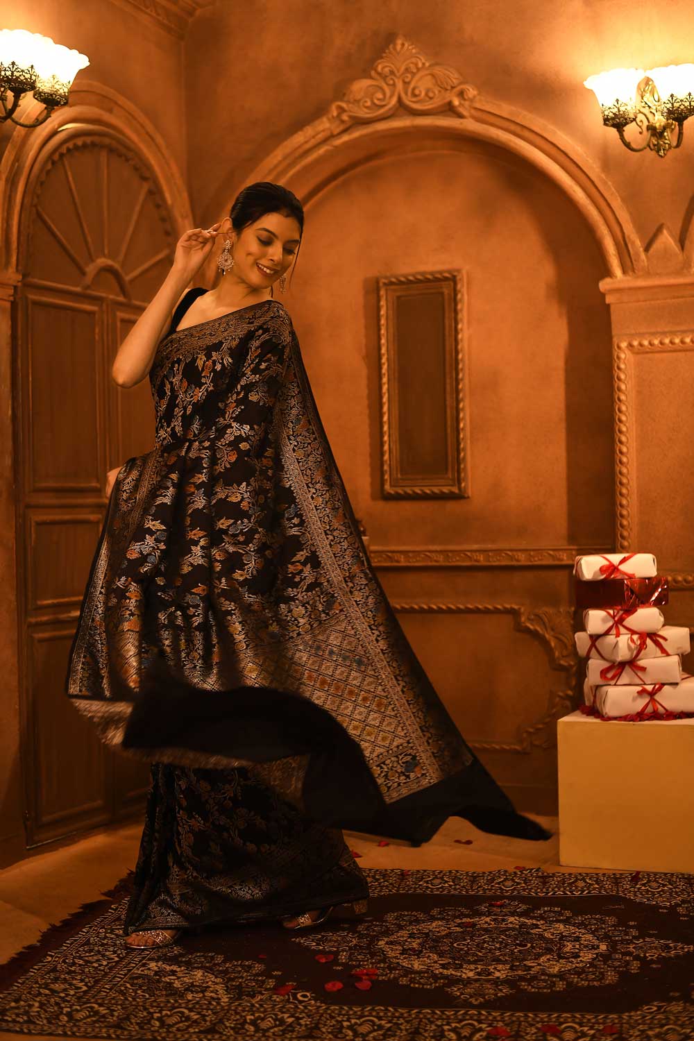 Black Mushru Satin Banarasi Handloom Saree With Blouse Black Mushru Satin Banarasi Handloom Saree With Blouse