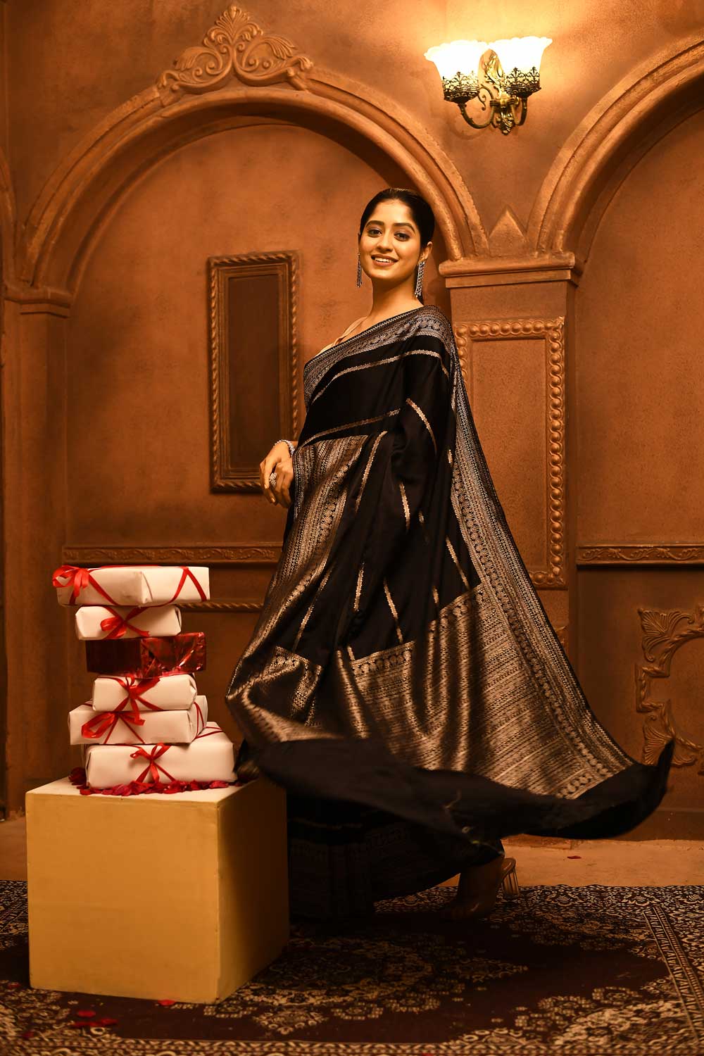Black Mushru Satin Banarasi Handloom Saree With Modern Contemporary Stripe Patterned Design Black Mushru Satin Banarasi Handloom Saree With Modern Contemporary Stripe Patterned Design