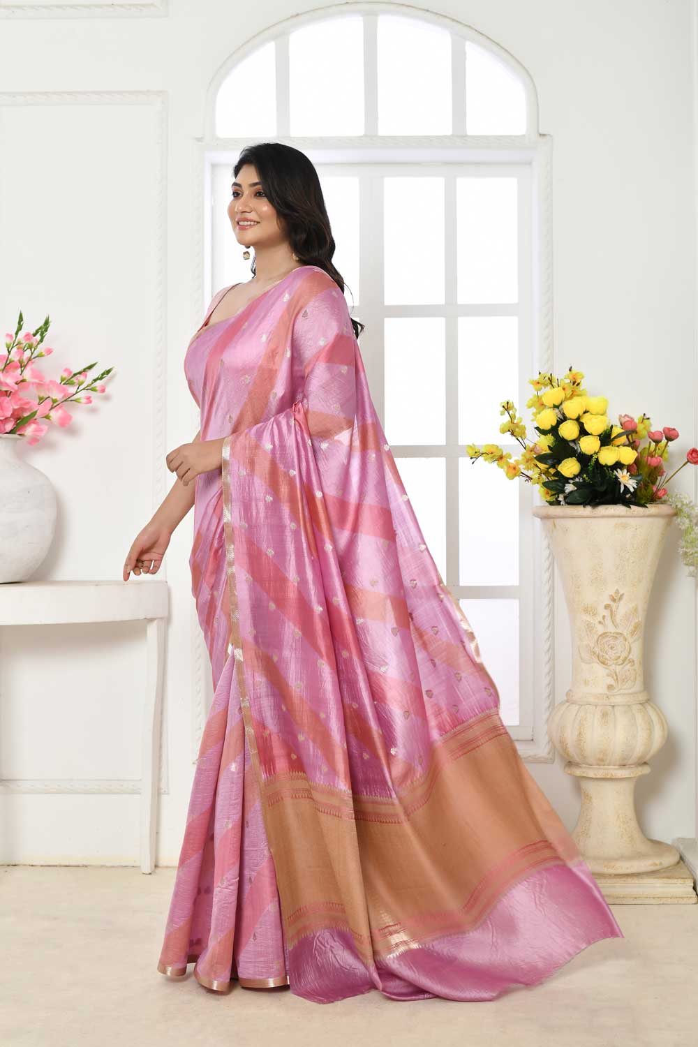 Pink  Pure Katan Chiniya Silk Banarasi Handloom Saree With Rangkat Aada Body And Sleak Gold Zari Border Pink  Pure Katan Chiniya Silk Banarasi Handloom Saree With Rangkat Aada Body And Sleak Gold Zari Border