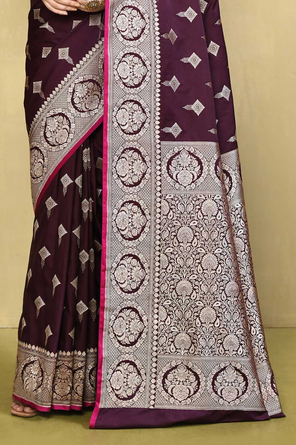 Wine Banarasi Saree With Handwoven Border In Muted Gold Zari Wine Banarasi Saree With Handwoven Border In Muted Gold Zari
