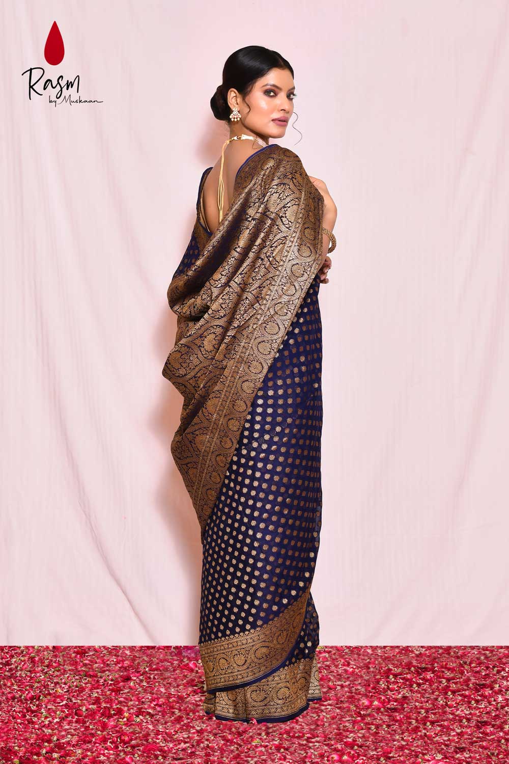 Navy Blue Pure Khaddi Georgette Silk Banarasi Handloom Saree With Antique Zari Booti Navy Blue Pure Khaddi Georgette Silk Banarasi Handloom Saree With Antique Zari Booti