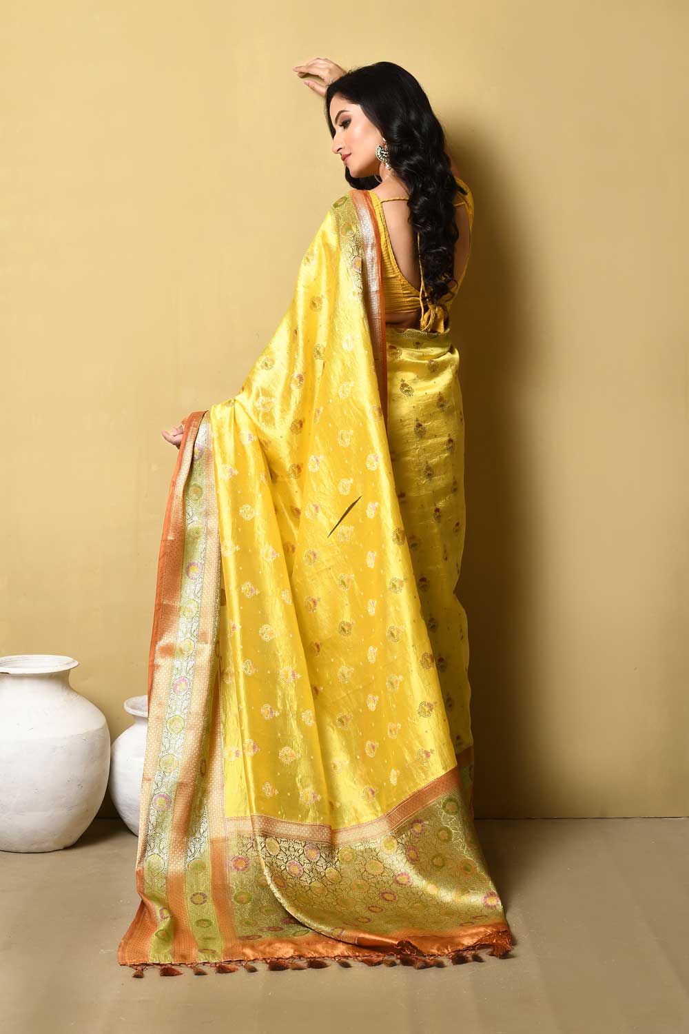 Yellow Pure Katan Dupion Silk Banarasi Saree With Blouse Yellow Pure Katan Dupion Silk Banarasi Saree With Blouse