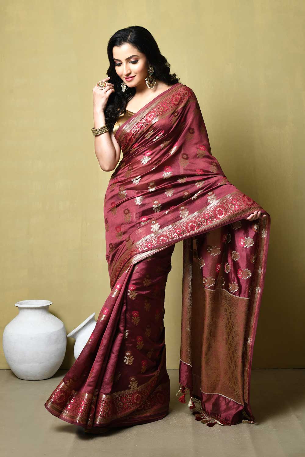 Wine Pure Katan Dupion Silk Banarasi Handloom Saree With Meena Boota And Border Wine Pure Katan Dupion Silk Banarasi Handloom Saree With Meena Boota And Border