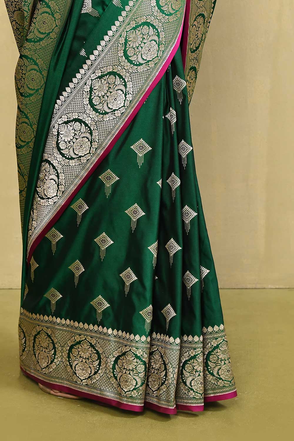 Banarasi Handloom Saree With Handwoven Border In Muted Gold Zari Banarasi Handloom Saree With Handwoven Border In Muted Gold Zari