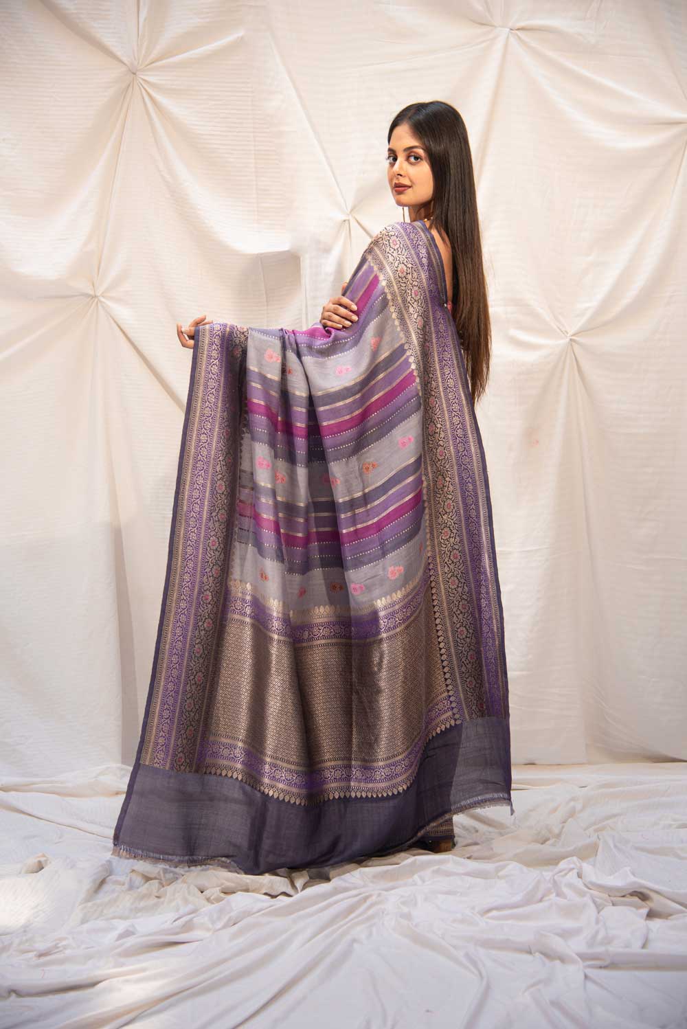Rangkat Pure Tussar Georgette Banarasi Handloom Silk Saree With Stripe-Patterned Body Rangkat Pure Tussar Georgette Banarasi Handloom Silk Saree With Stripe-Patterned Body