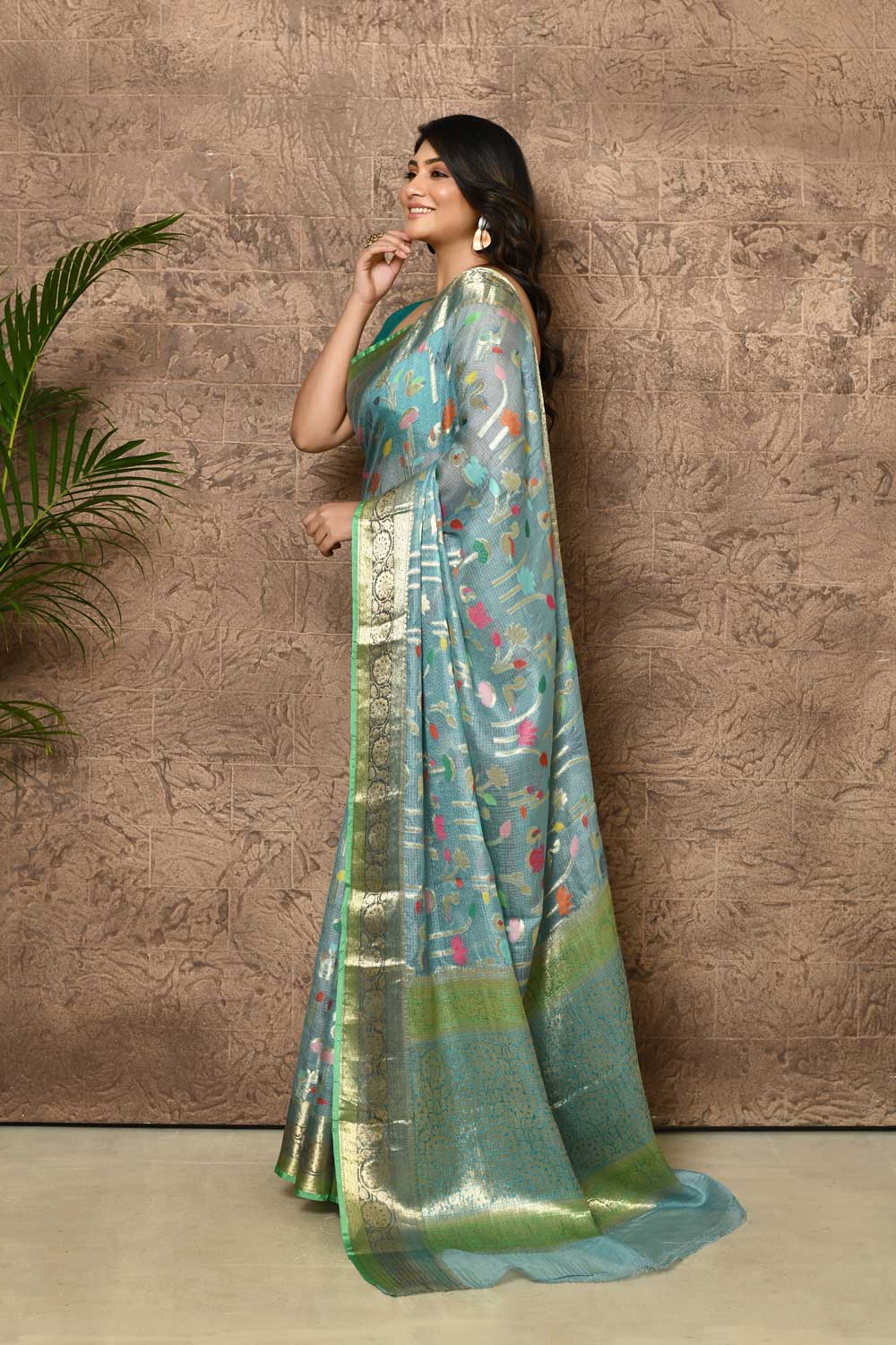 Powder Blue Pure Kota Check Banarasi Handloom Saree Powder Blue Pure Kota Check Banarasi Handloom Saree