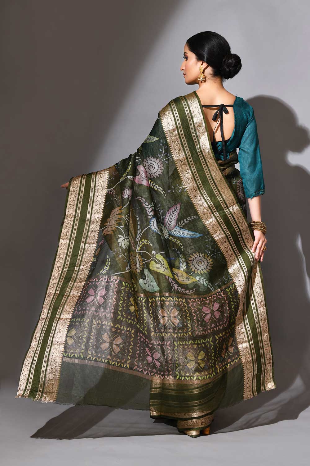 Olive Green Kalamkari Pure Kota Check Banarasi Handloom Saree Olive Green Kalamkari Pure Kota Check Banarasi Handloom Saree
