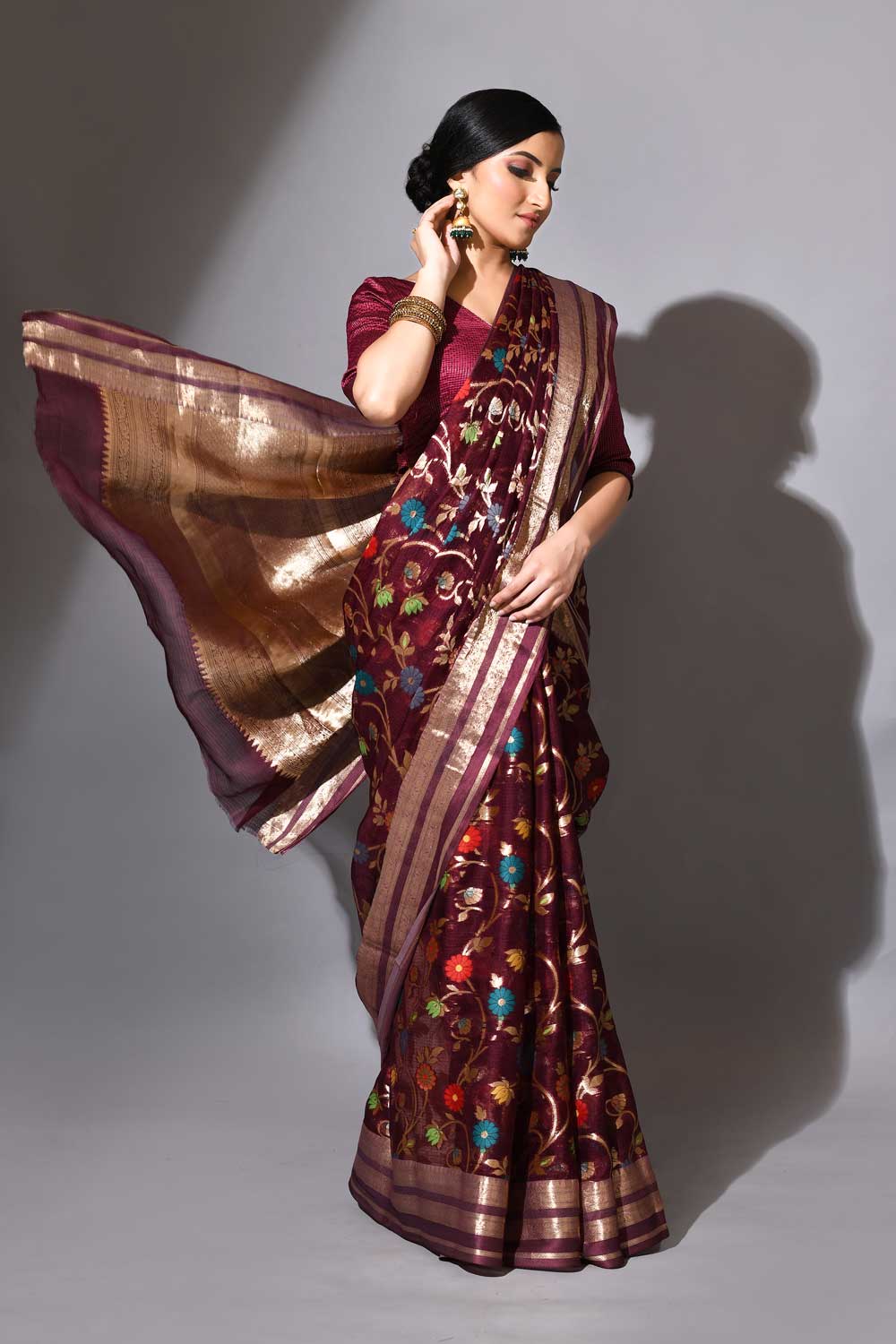 Deep Wine Pure Kota Check Banarasi Handloom Saree With Meenakari Jaal Deep Wine Pure Kota Check Banarasi Handloom Saree With Meenakari Jaal