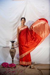 Rust Mushru Satin Banarasi Handloom Saree With Blouse