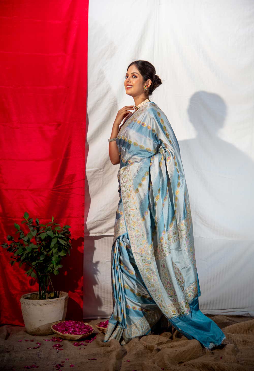 Handloom Light And Dark Powder Blue Mushru Satin Banarasi Saree With Tanchoi Adda Rangakt Body And Border Handloom Light And Dark Powder Blue Mushru Satin Banarasi Saree With Tanchoi Adda Rangakt Body And Border
