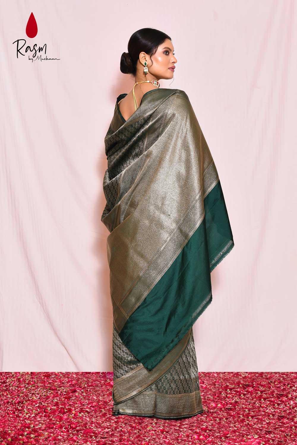 Bottle Green Mushru Satin Brocade Banarasi Handloom Saree Bottle Green Mushru Satin Brocade Banarasi Handloom Saree
