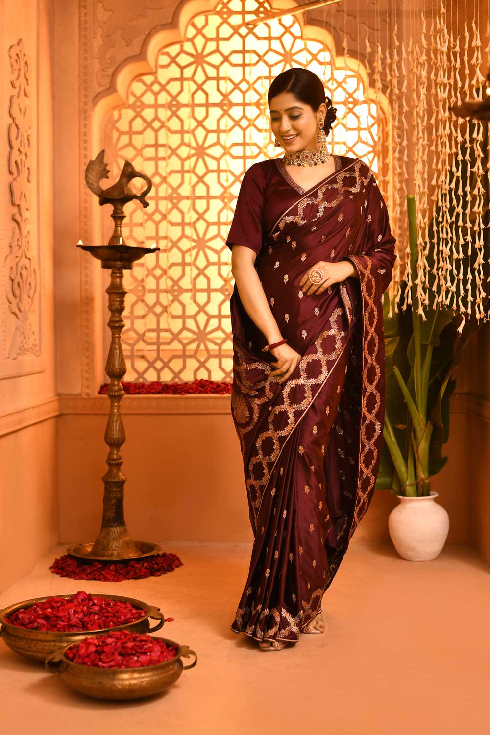 Wine Mushru Satin Handloom Saree With Artistic And Meenakari Border Wine Mushru Satin Handloom Saree With Artistic And Meenakari Border