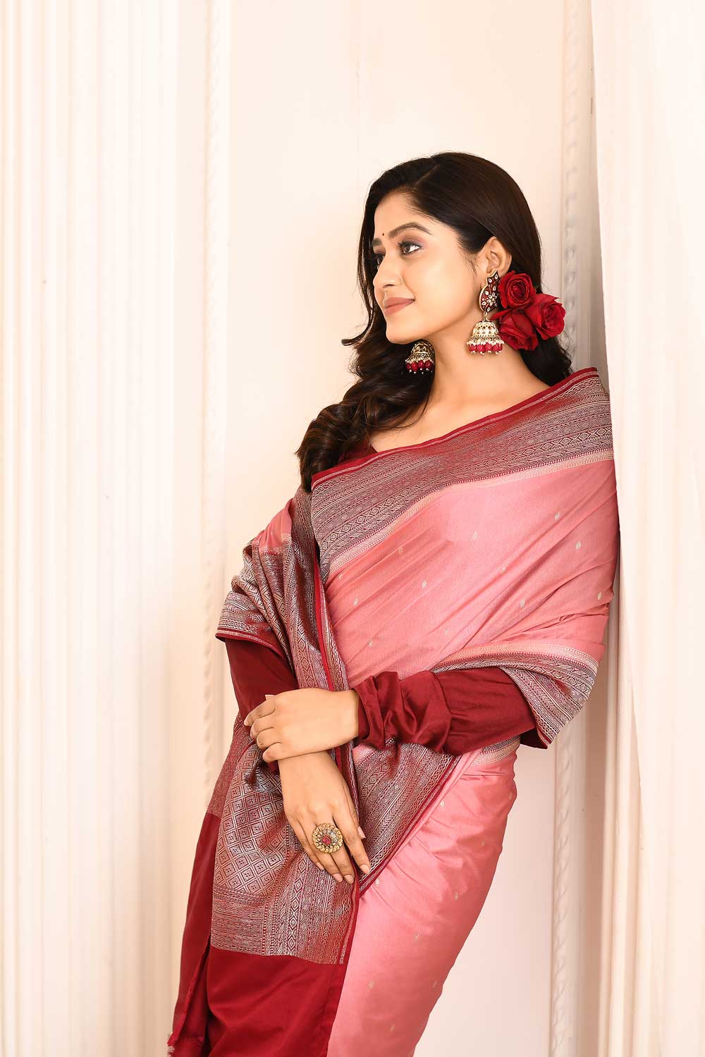 Pink-maroon Mushru Satin Banarasi Handloom Saree With Contrast Border Pink-maroon Mushru Satin Banarasi Handloom Saree With Contrast Border