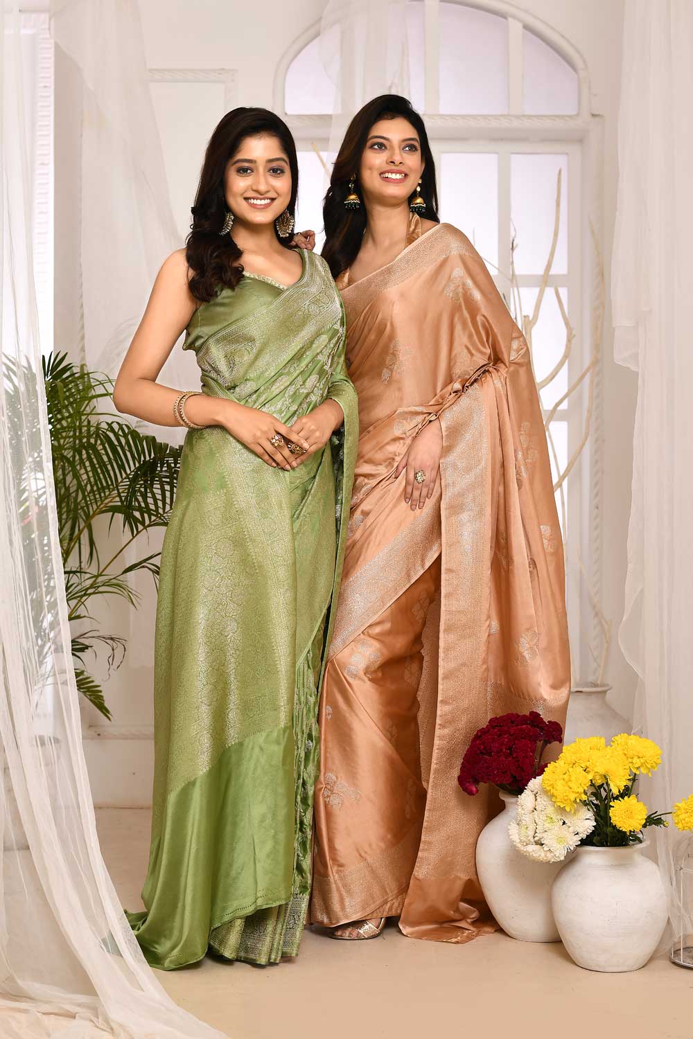 Pastel Green Mushru Satin Banarasi Handloom Saree With All Over Jaal In Silver Zari Pastel Green Mushru Satin Banarasi Handloom Saree With All Over Jaal In Silver Zari