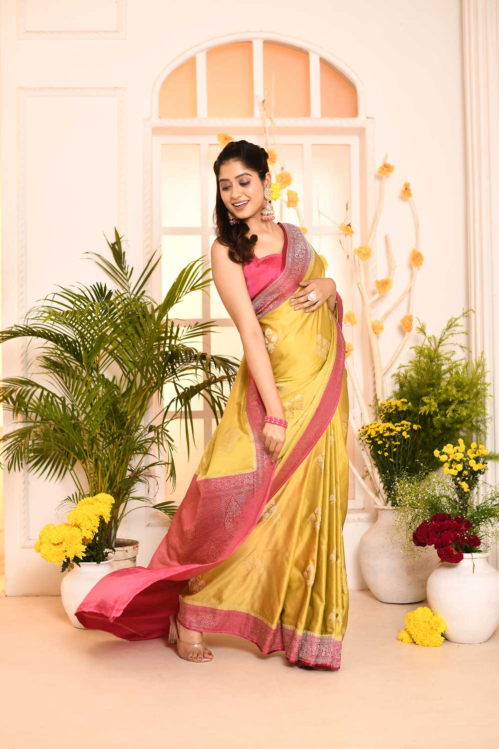 Green - Pink Mushru Satin Saree With Handwoven Boota And Border In Silver Zari Green - Pink Mushru Satin Saree With Handwoven Boota And Border In Silver Zari