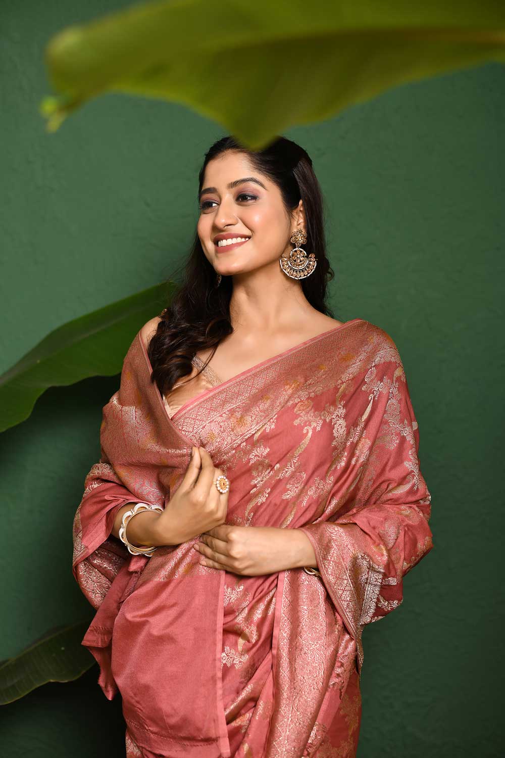 Rosegold Pink Mushru Satin Banarasi Handloom Saree With Meenkari Jaal And Border Rosegold Pink Mushru Satin Banarasi Handloom Saree With Meenkari Jaal And Border