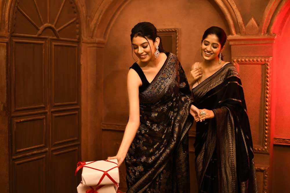 Black Mushru Satin Banarasi Handloom Saree With Modern Contemporary Stripe Patterned Design Black Mushru Satin Banarasi Handloom Saree With Modern Contemporary Stripe Patterned Design