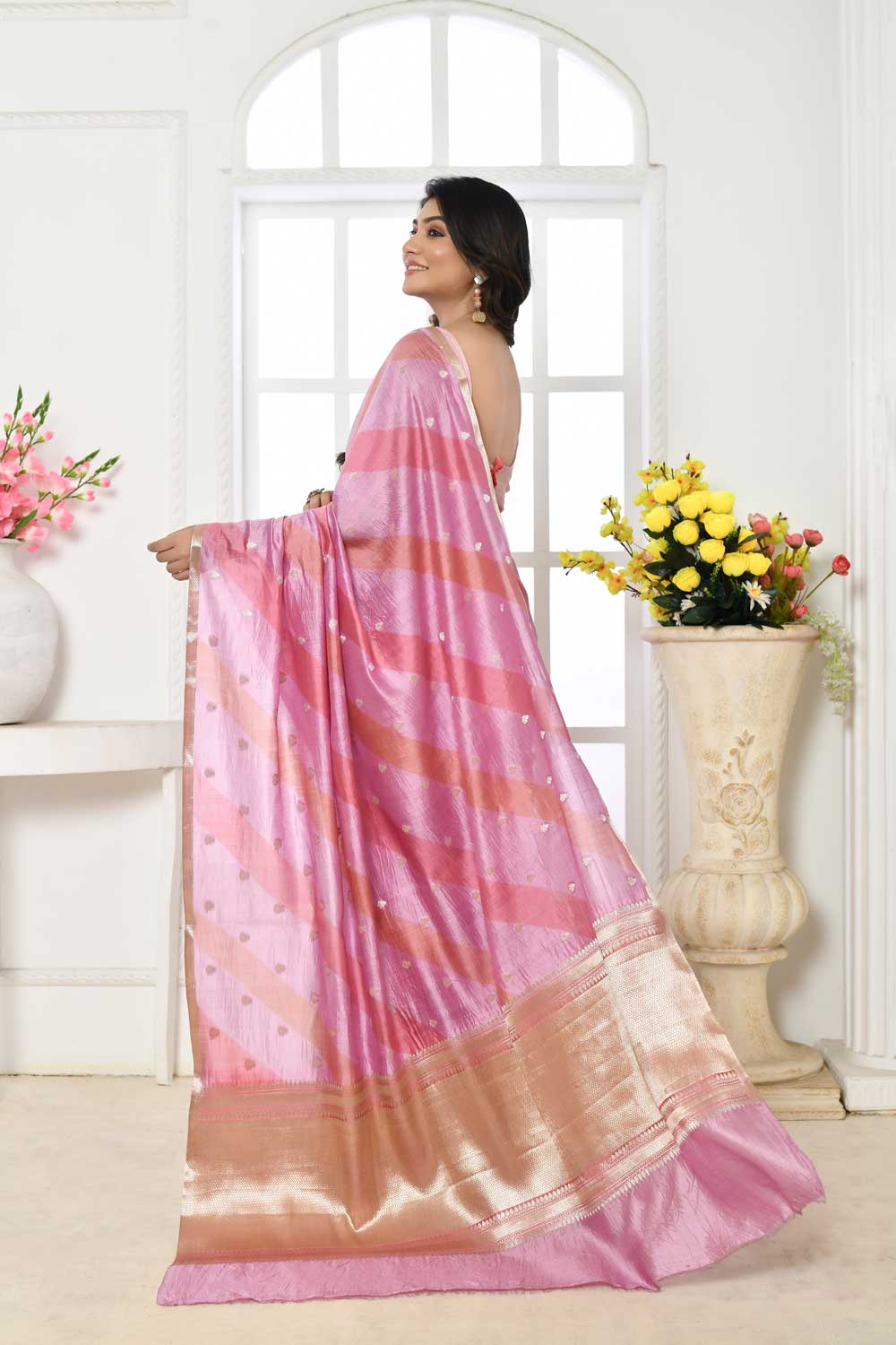Pink  Pure Katan Chiniya Silk Banarasi Handloom Saree With Rangkat Aada Body And Sleak Gold Zari Border Pink  Pure Katan Chiniya Silk Banarasi Handloom Saree With Rangkat Aada Body And Sleak Gold Zari Border
