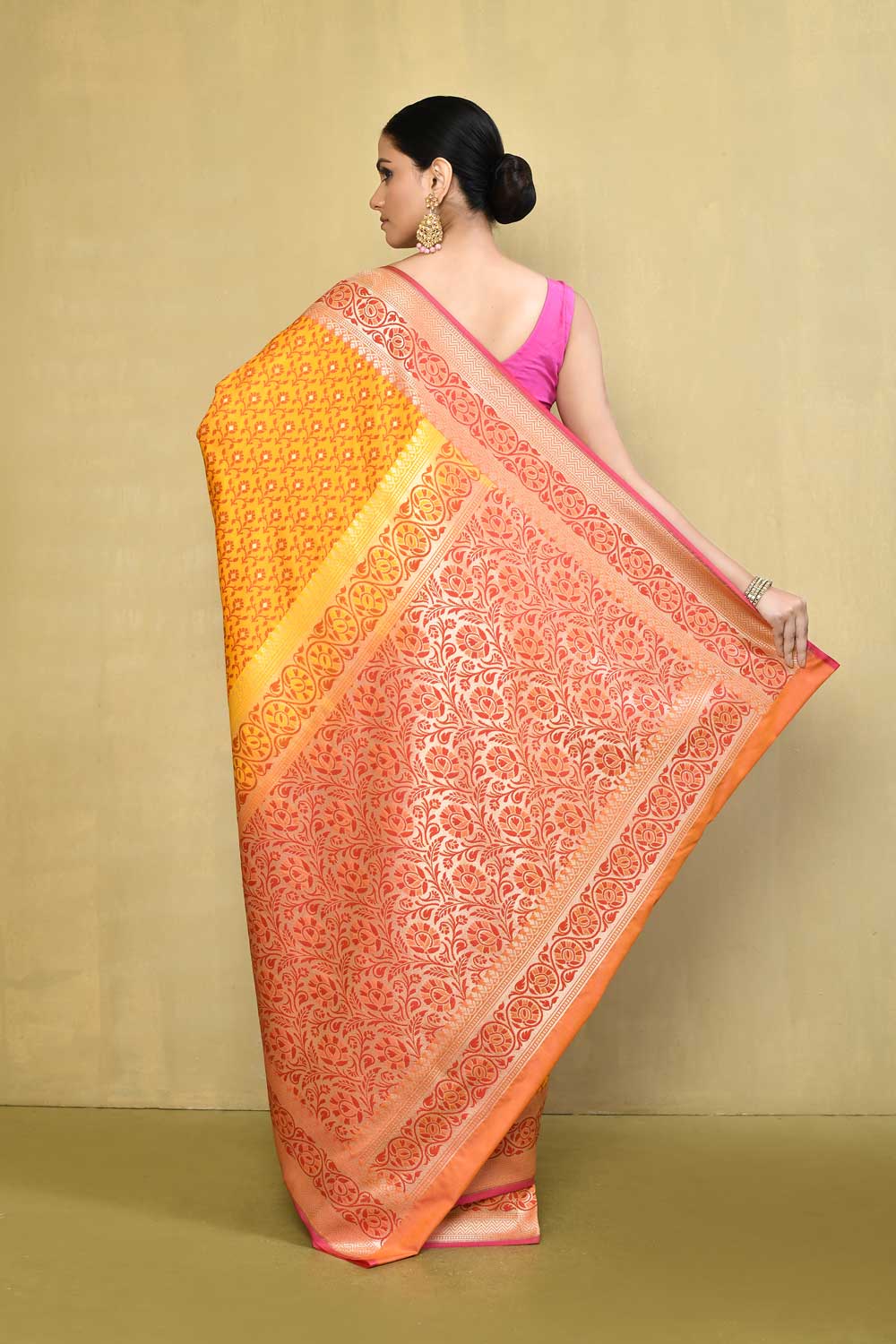 Mustard and Peach Pink Handloom Reshmi Tanchoi Banarasi Saree With Handwoven  Border Mustard and Peach Pink Handloom Reshmi Tanchoi Banarasi Saree With Handwoven  Border