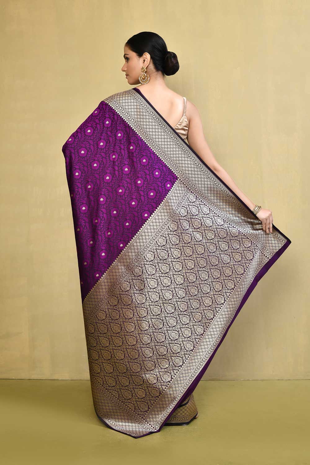 Plum Handloom Reshmi Tanchoi Banarasi Saree With Handwoven  Border Plum Handloom Reshmi Tanchoi Banarasi Saree With Handwoven  Border