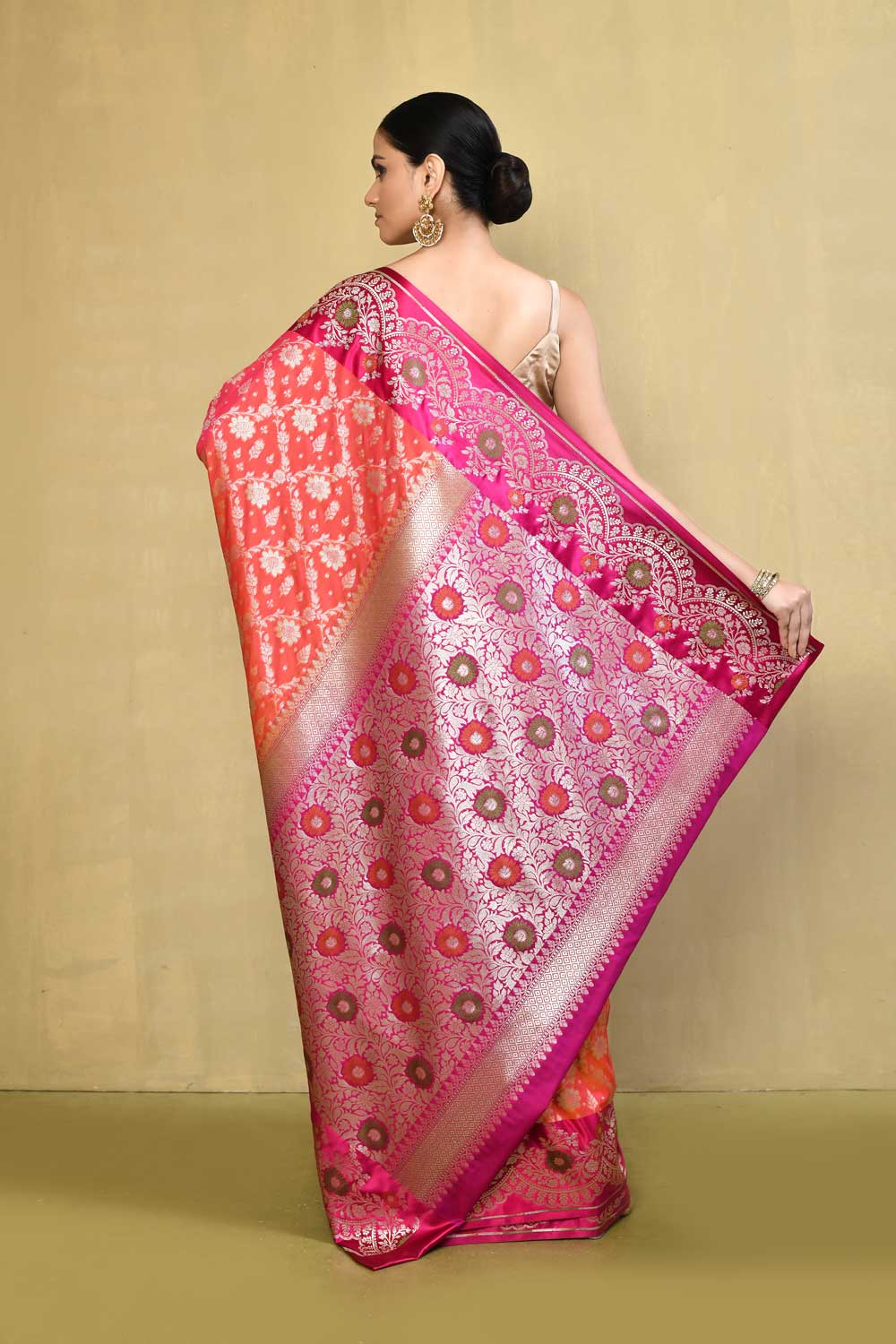 Orange- Peach Pink Banarasi Handloom saree with Contrast Meenakari Border Orange- Peach Pink Banarasi Handloom saree with Contrast Meenakari Border