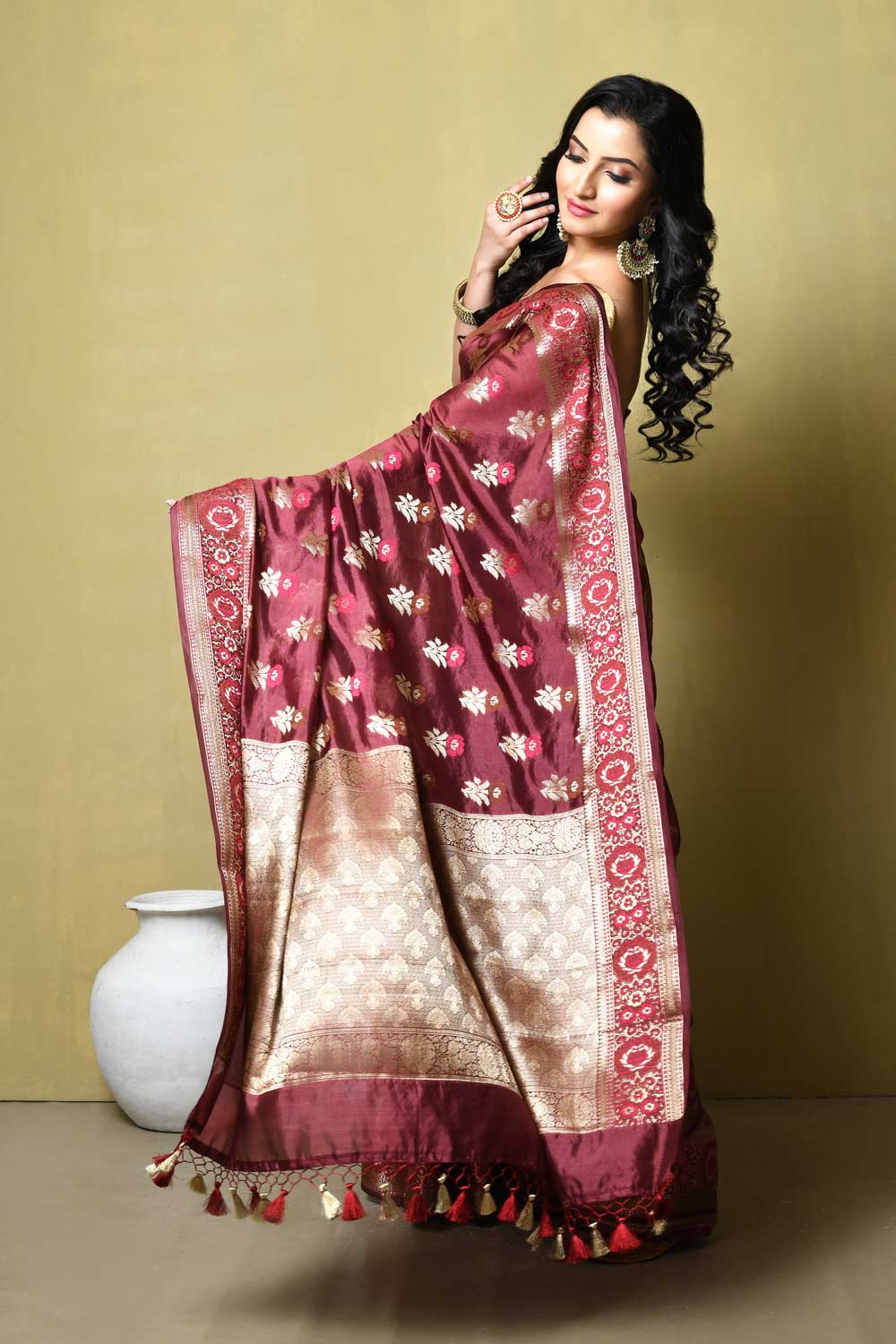 Wine Pure Katan Dupion Silk Banarasi Handloom Saree With Meena Boota And Border Wine Pure Katan Dupion Silk Banarasi Handloom Saree With Meena Boota And Border