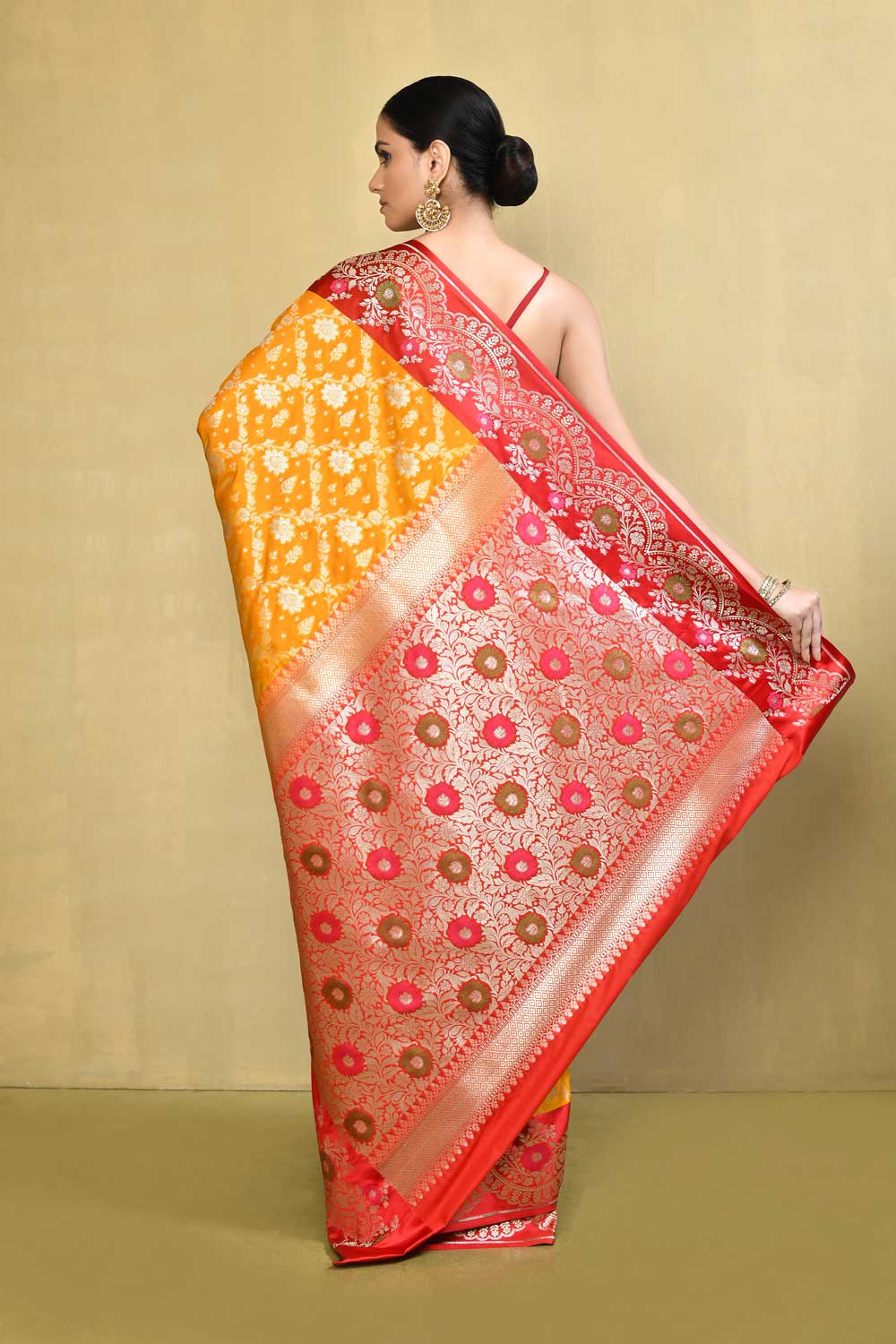 Mustard Yellow - Red Banarasi Handloom Saree with Contrast Meenakari Border Mustard Yellow - Red Banarasi Handloom Saree with Contrast Meenakari Border