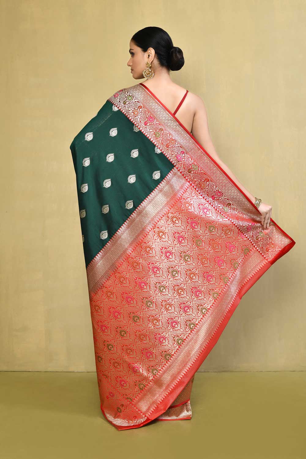 Bottle Green - Red Saree With Contrast Meenakari Border Bottle Green - Red Saree With Contrast Meenakari Border