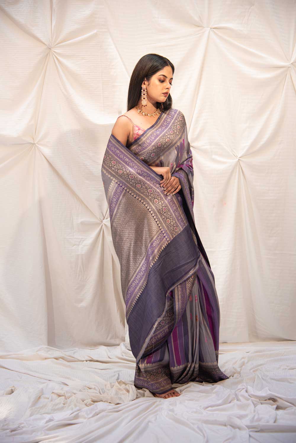 Rangkat Pure Tussar Georgette Handloom Silk Saree With Stripe-Patterned Body- Kadhua Boota And Meenakari Border Rangkat Pure Tussar Georgette Handloom Silk Saree With Stripe-Patterned Body- Kadhua Boota And Meenakari Border