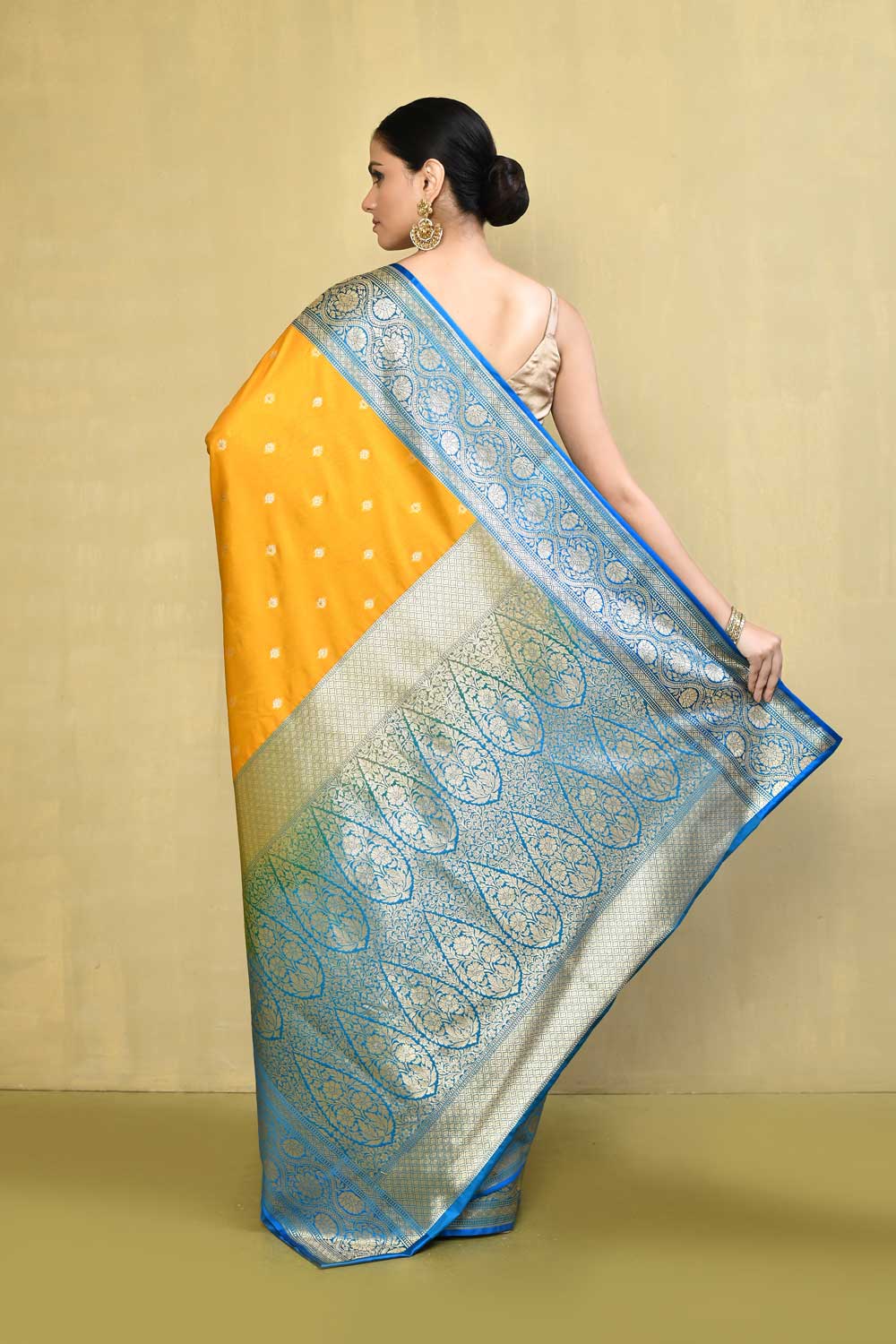 Yellow - Blue Saree With Contrast Border Yellow - Blue Saree With Contrast Border