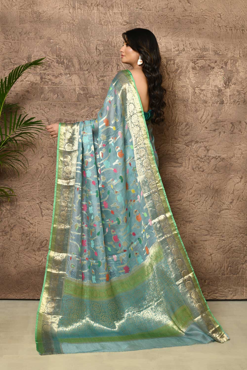 Powder Blue Pure Kota Check Saree With Meenakari Jaal Powder Blue Pure Kota Check Saree With Meenakari Jaal