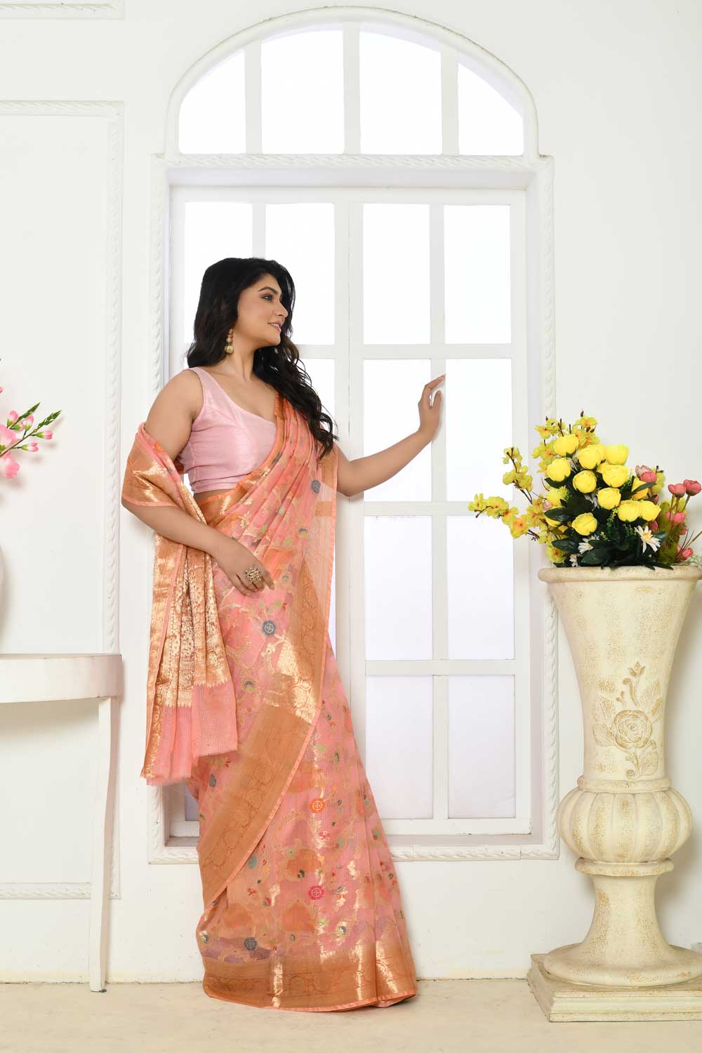 Peach Pure Kota Check Banarasi Handloom Saree With Meenakari Jaal Peach Pure Kota Check Banarasi Handloom Saree With Meenakari Jaal