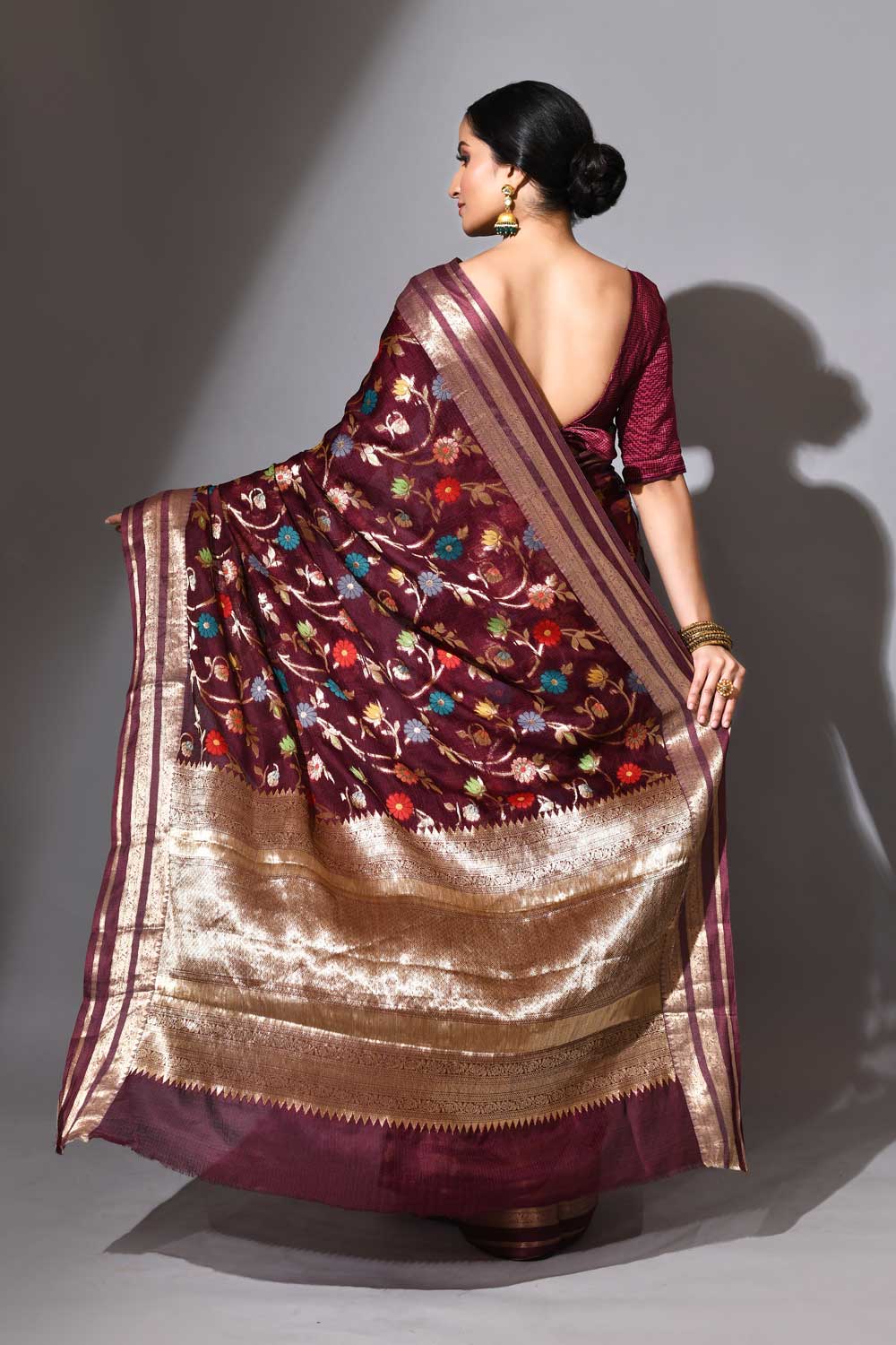 Deep Wine Pure Kota Check Banarasi Handloom Saree With Meenakari Jaal Deep Wine Pure Kota Check Banarasi Handloom Saree With Meenakari Jaal