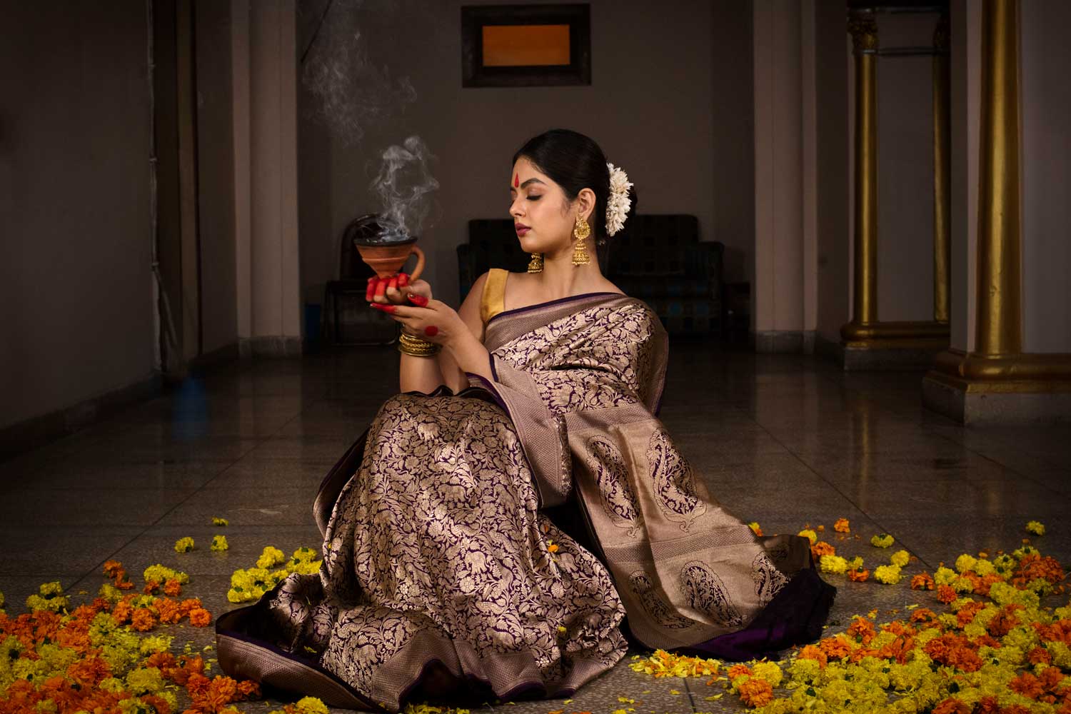 Deep Purple 'Shikargah' Pure Katan Kadhua Banarasi Handloom Saree Deep Purple 'Shikargah' Pure Katan Kadhua Banarasi Handloom Saree