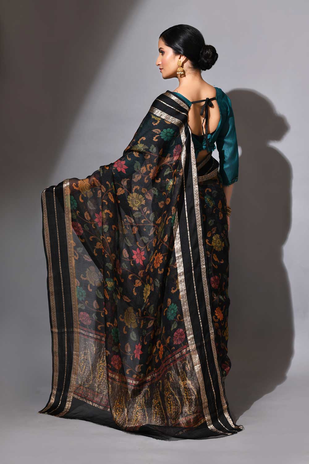 Black Kalamkari Kota Check Banarasi Saree Black Kalamkari Kota Check Banarasi Saree