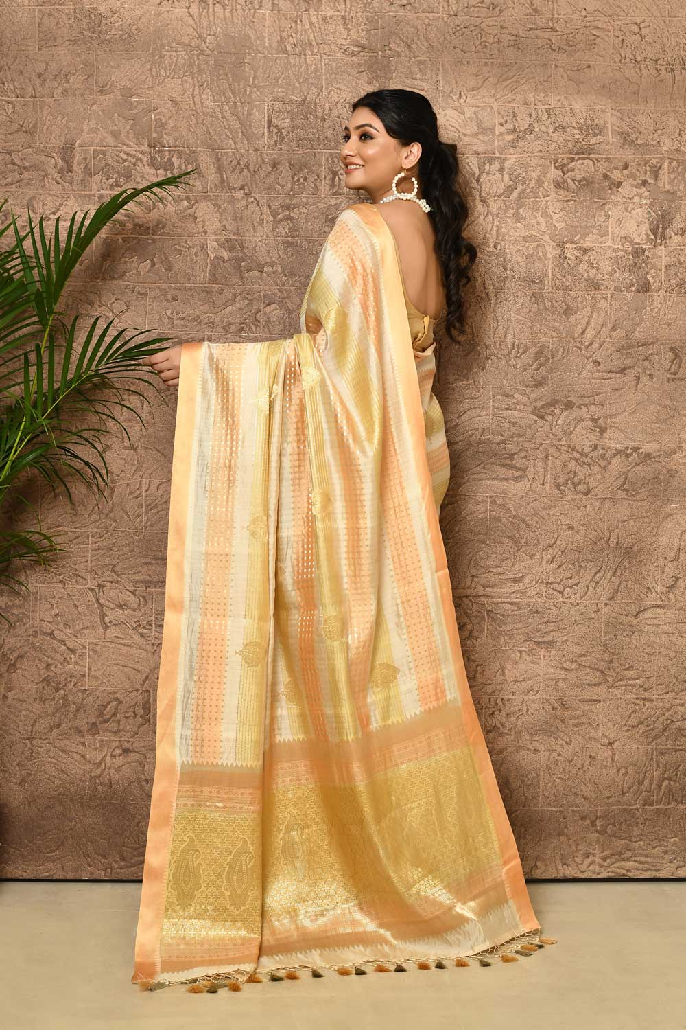 Rangkat Pure Katan Chiniya Silk Banarasi Handloom Saree With Multi Striped Body And Bordrr Rangkat Pure Katan Chiniya Silk Banarasi Handloom Saree With Multi Striped Body And Bordrr