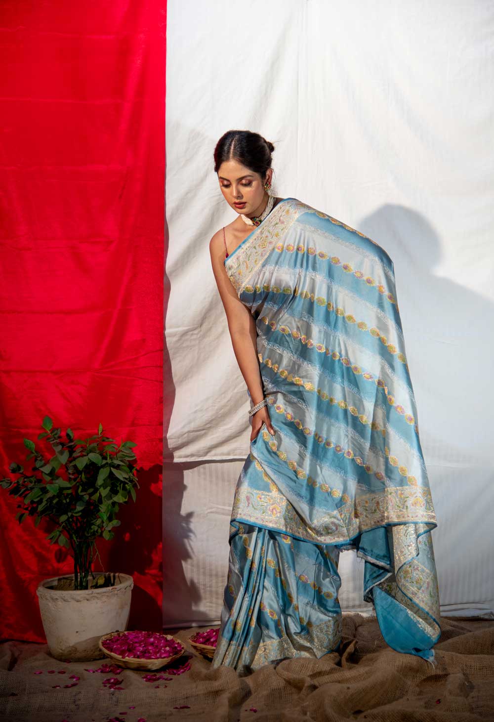 Handloom Light And Dark Powder Blue Mushru Saree With Tanchoi Adda Rangakt Body And Border Handloom Light And Dark Powder Blue Mushru Saree With Tanchoi Adda Rangakt Body And Border