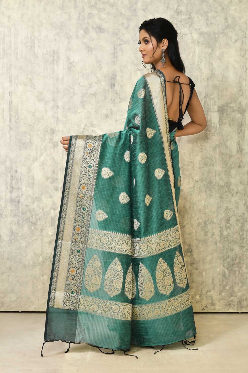 Stone Blue Pure Cotton Silk Banarasi Handloom Saree With Meenakari Border Stone Blue Pure Cotton Silk Banarasi Handloom Saree With Meenakari Border