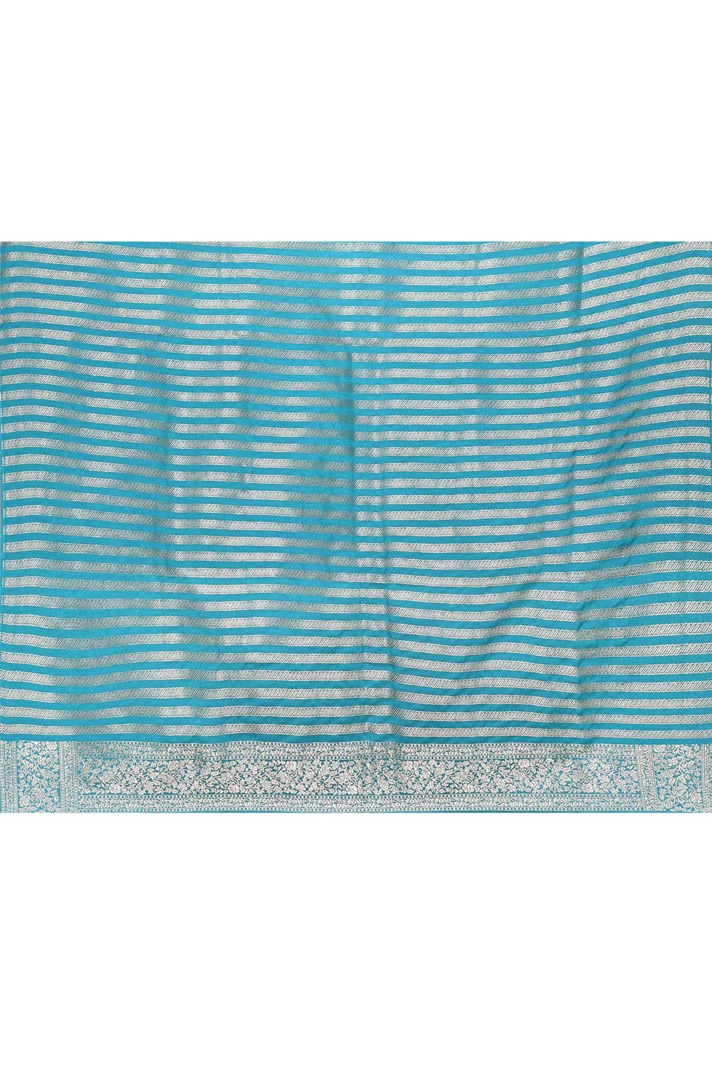 Teal Mushru Satin Banarasi Handloom Saree With Handwoven Silver Booti Teal Mushru Satin Banarasi Handloom Saree With Handwoven Silver Booti