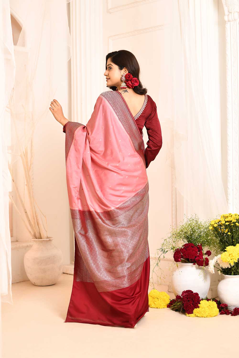 Pink-maroon Mushru Satin Banarasi Handloom Saree With Contrast Border Pink-maroon Mushru Satin Banarasi Handloom Saree With Contrast Border