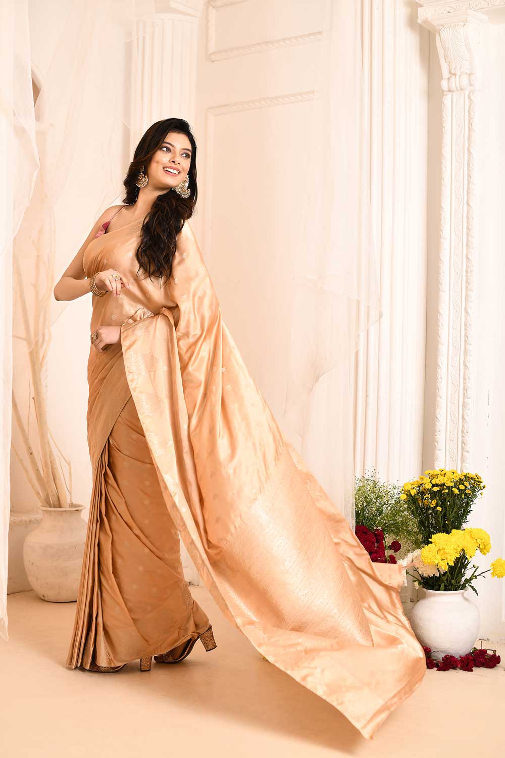 Fawn Mushru Satin Banarasi Saree With Handwoven Silver Boota Fawn Mushru Satin Banarasi Saree With Handwoven Silver Boota