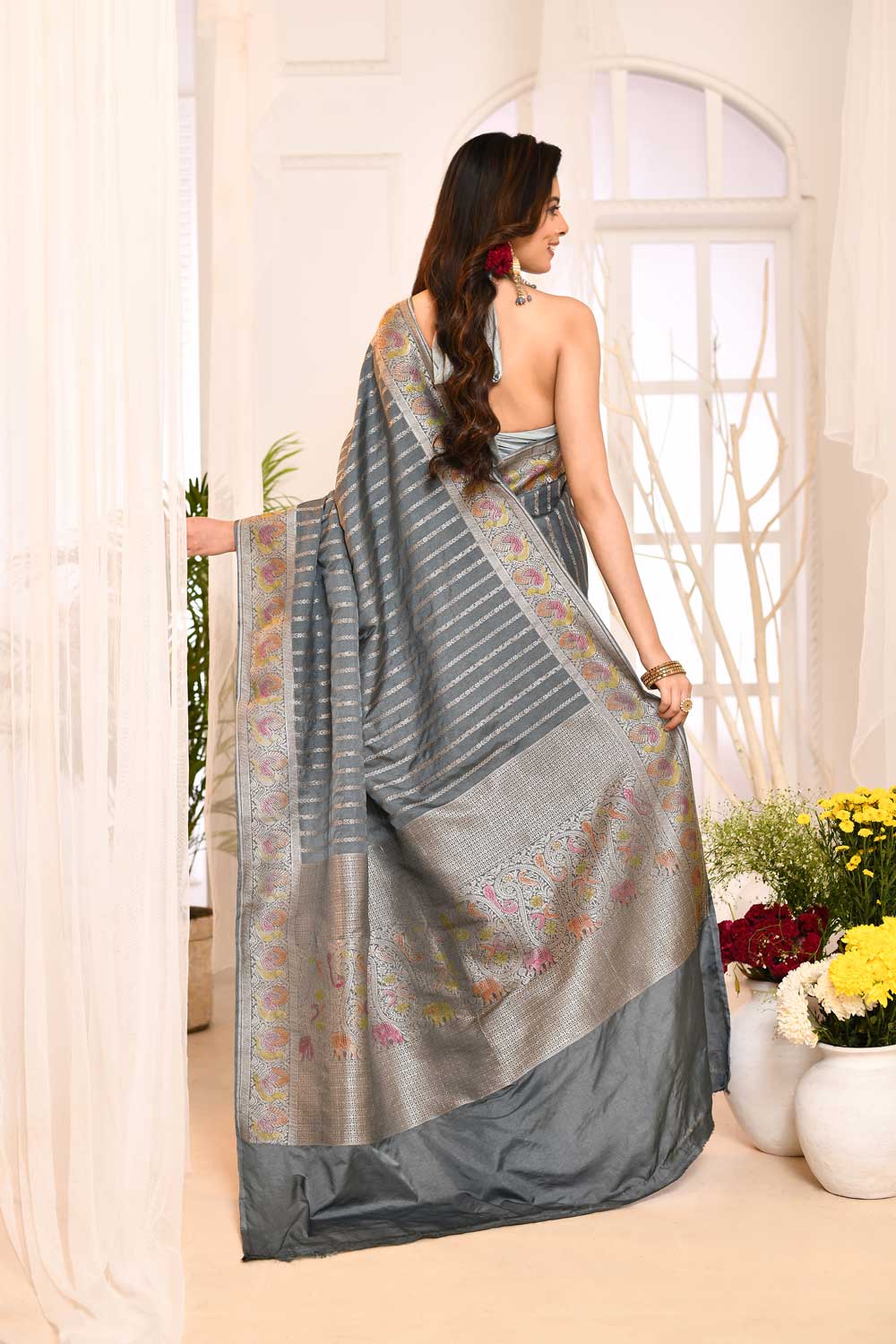 Grey Mushru Satin Banarasi Handloom Saree With Stripe Patterned Design And Meenakari Border Grey Mushru Satin Banarasi Handloom Saree With Stripe Patterned Design And Meenakari Border