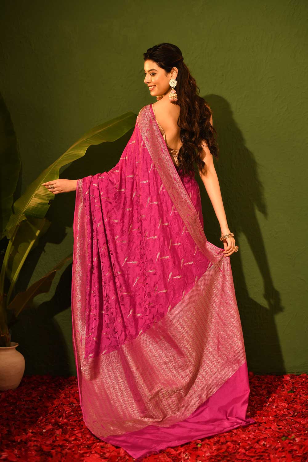 Purple 'Shikargah' Mushru Saree With Tanchoi Jaal Work Purple 'Shikargah' Mushru Saree With Tanchoi Jaal Work