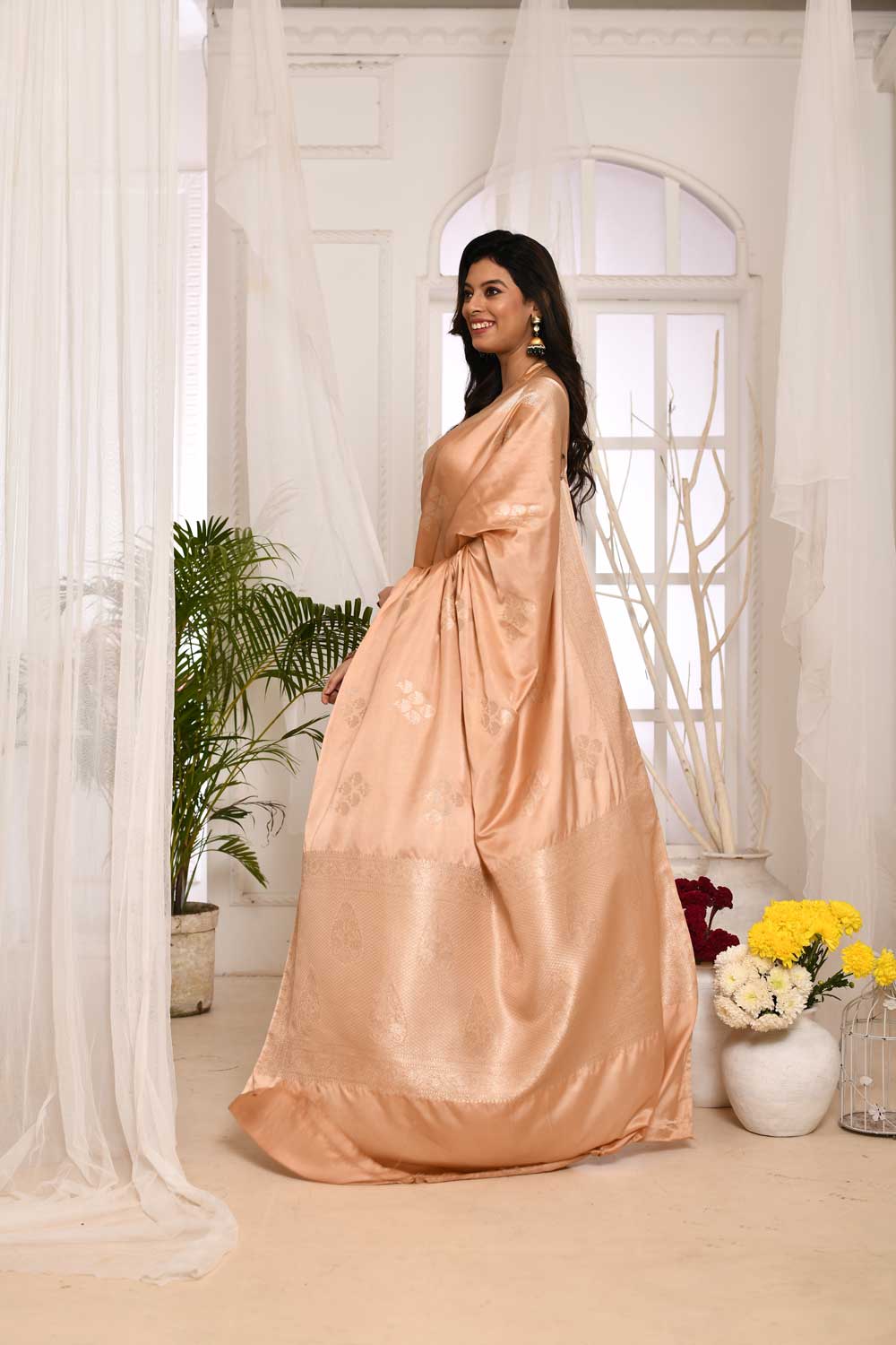 Fawn/ Tussar- Mushru Satin Banarasi Handloom Saree With Handwoven Bootas And Border In Silver Zari Fawn/ Tussar- Mushru Satin Banarasi Handloom Saree With Handwoven Bootas And Border In Silver Zari