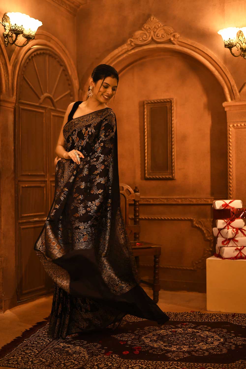 Black Mushru Satin Banarasi Handloom Saree With Meenakari Jaal And Border Black Mushru Satin Banarasi Handloom Saree With Meenakari Jaal And Border