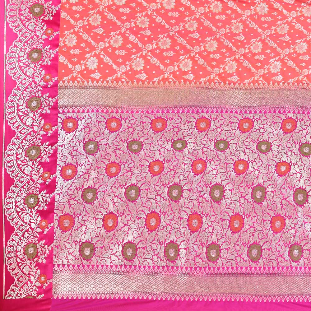 Orange- Peach Pink Banarasi Handloom saree with Contrast Meenakari Border Orange- Peach Pink Banarasi Handloom saree with Contrast Meenakari Border