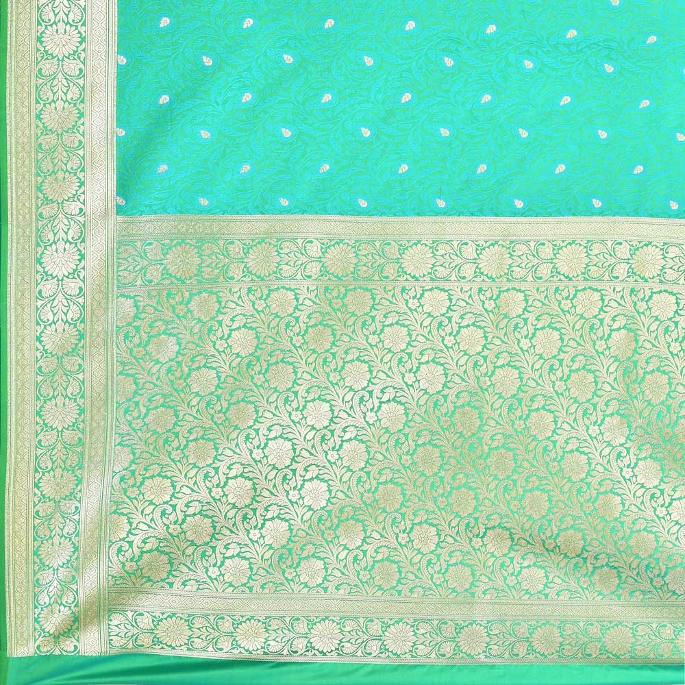 Sea Green Handloom Reshmi Tanchoi Banarasi Saree With Handwoven  Border Sea Green Handloom Reshmi Tanchoi Banarasi Saree With Handwoven  Border