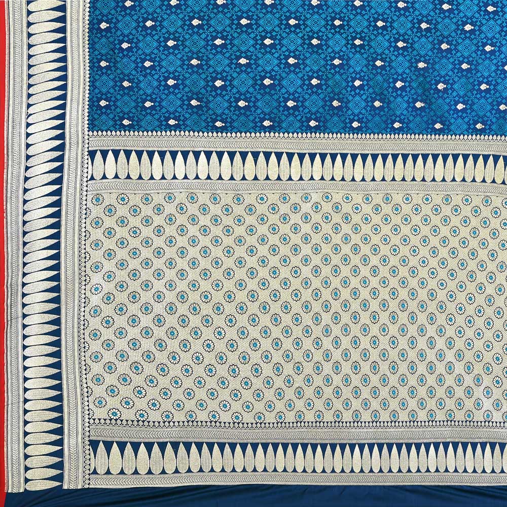 Blue Reshmi Tanchoi Banarasi Saree With Handwoven Border Blue Reshmi Tanchoi Banarasi Saree With Handwoven Border
